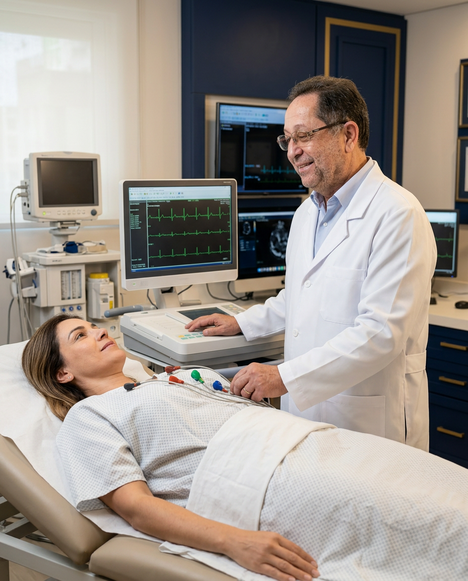 Dr. Bruno Zaccara realizando um eletrocardiograma em uma paciente